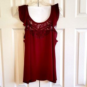 XL Express Lace Front Ruffle Sleeves Burgundy Top